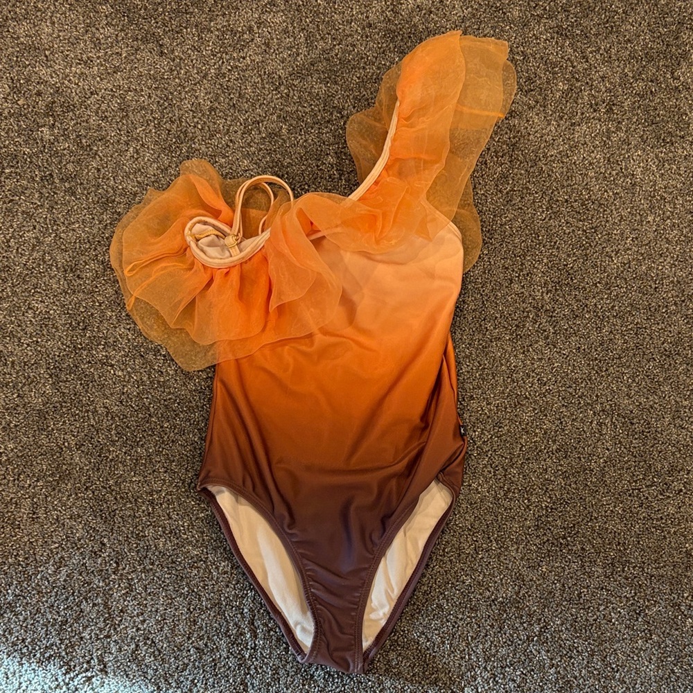 Molo Orange and Brown Ruffled One-Shoulder Swimsuit